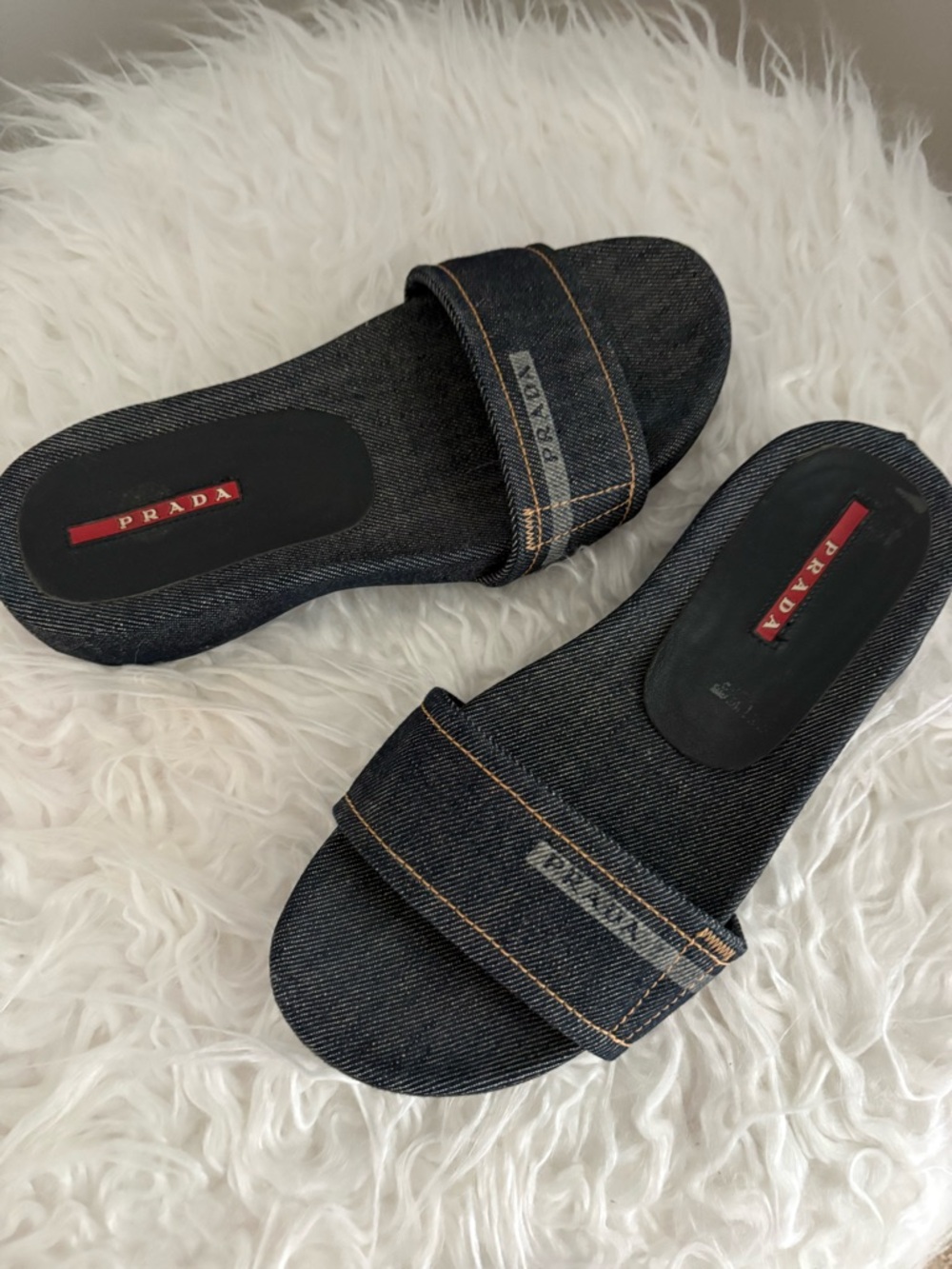 Prada Dark Denim Slide Sandals with Tan Stitching